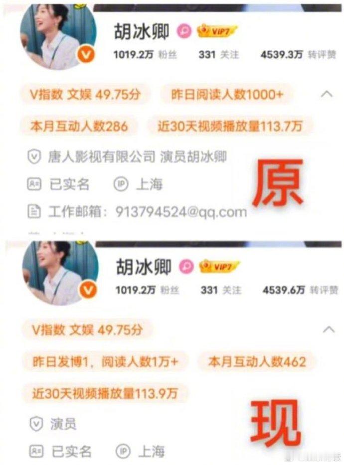胡冰卿修改认证 胡冰卿修改社交平台认证信息，不再显示唐人影视～是约满离开还是调整