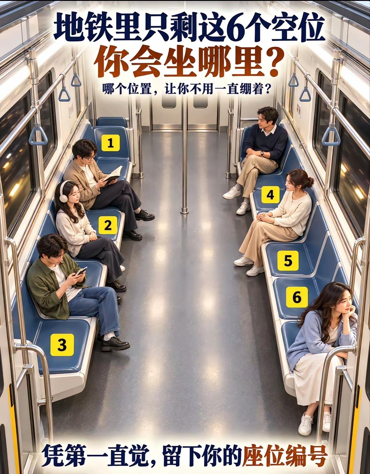 为啥女的多半选1和3位置，而男的多半会选5和6这俩位置呢？
如果是你会选哪个？