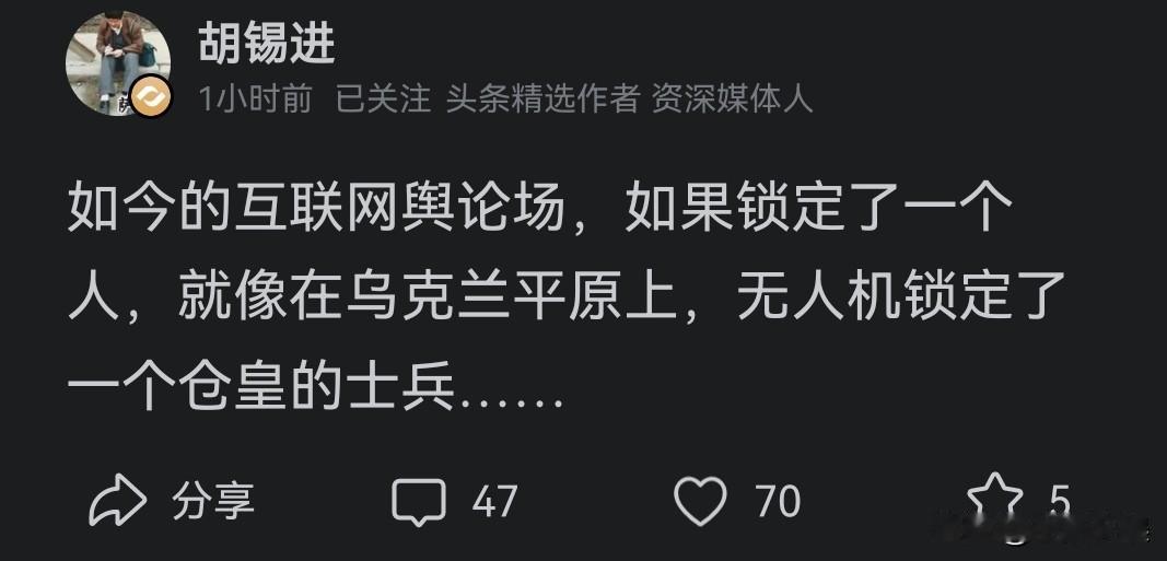 胡锡进刚刚发文表示舆论阵地，如果锁定了某个人，就像在乌克兰平原上被锁定的士兵。