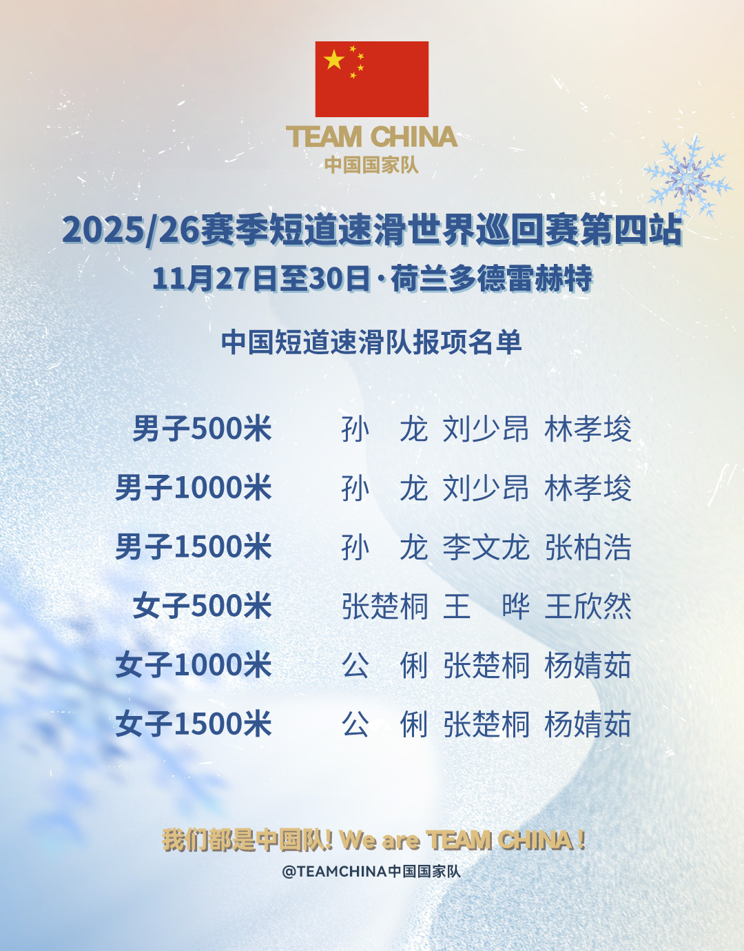 中国短道队多德雷赫特站报项 2025-2026赛季国际滑联短道速滑世巡赛最后一站