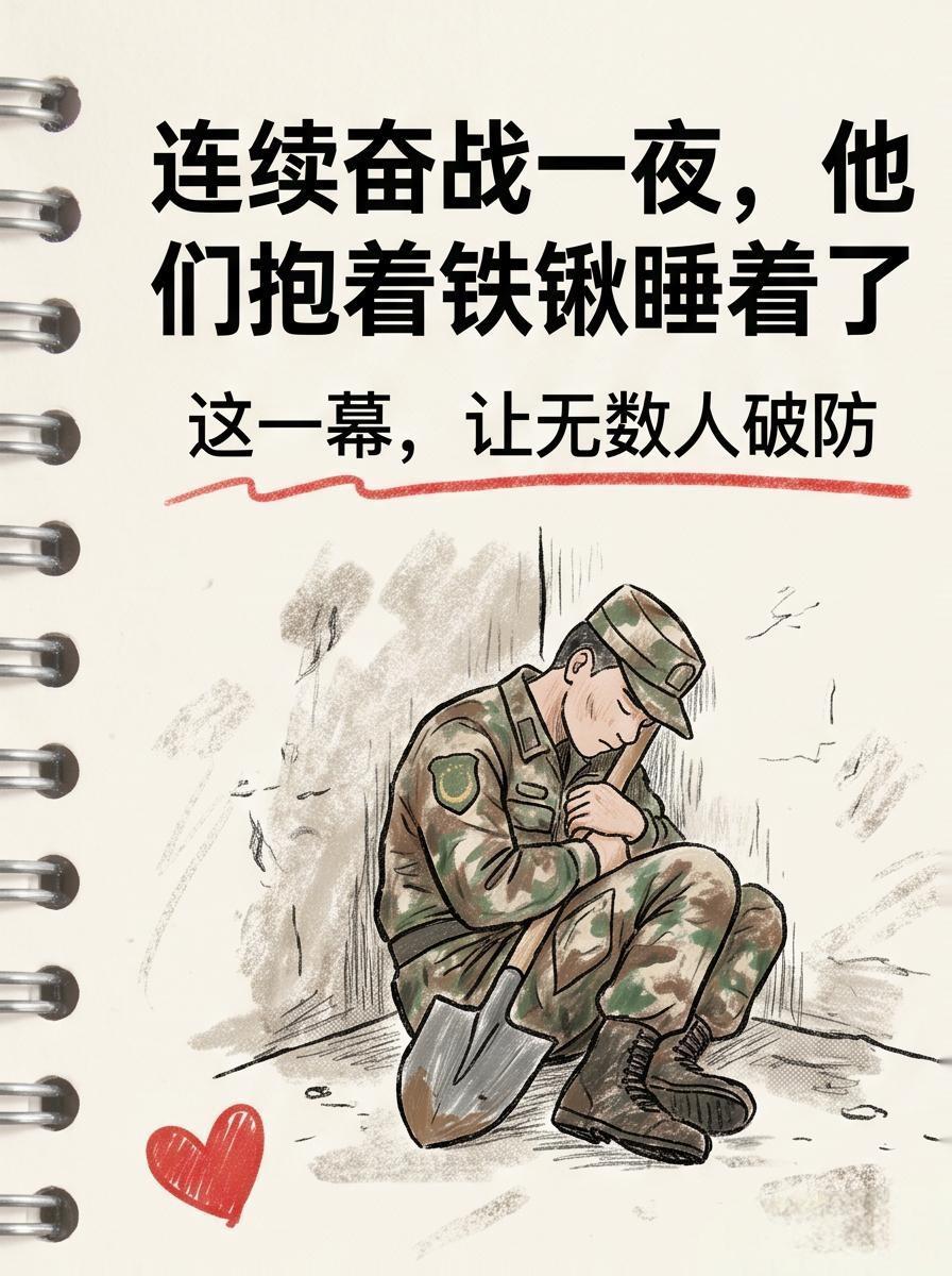 致敬人民子弟兵：他们抱着铁锹睡着的模样，是这片土地上最坚固的防线
看到那张照片的