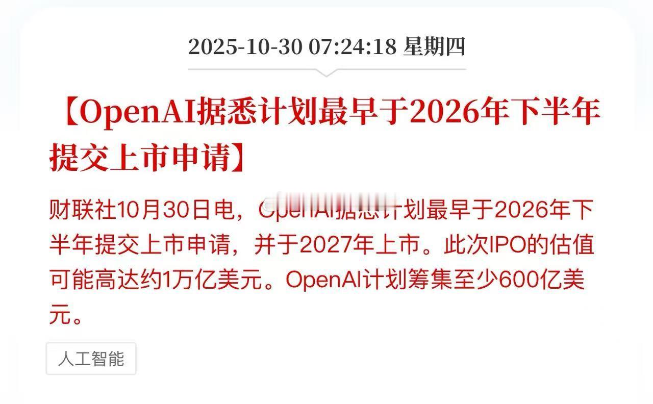 OpenAI据悉计划最早明年下半年提交上市申请，会不会是AI最后一棒？ ​​​