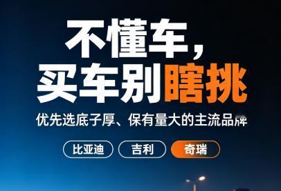 不懂车怎么选车？优先选底子厚、保有量大的主流品牌。

 国产看比亚迪、吉利、奇瑞