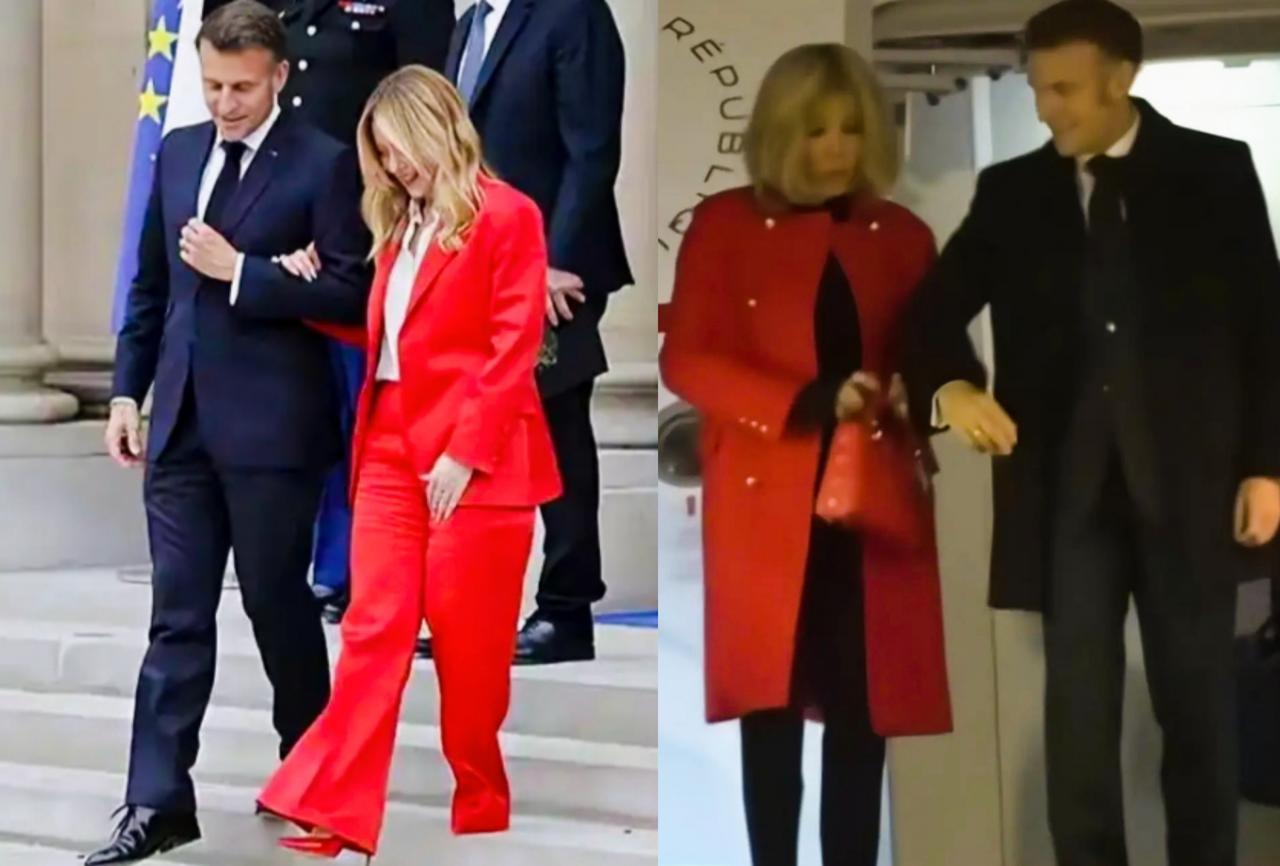 马克龙和梅洛尼挽着胳膊更默契呢？
还是与妻子布丽吉特挽着胳膊更默契呢？
马克龙和