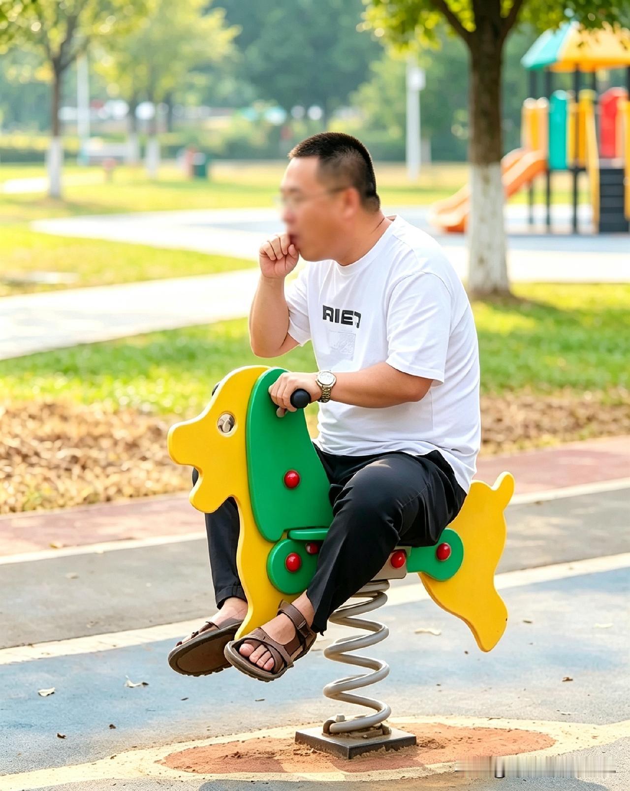 谁能想到成年人的快乐可以这么简单！大男人霸占着小朋友的摇摇马玩得不亦乐乎。难怪网
