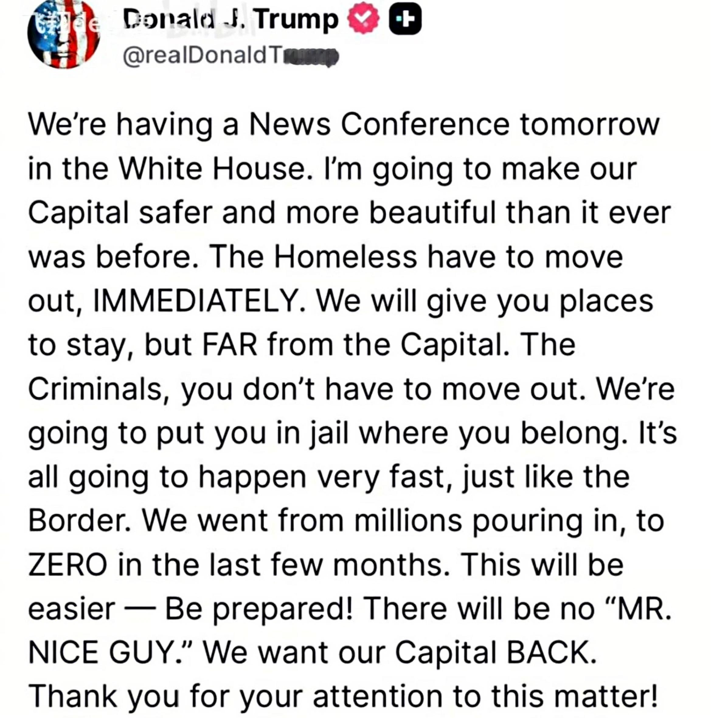特朗普称美国首都的流浪汉必须立即搬走川老爷心善，见不得穷人。特朗普于2025年8