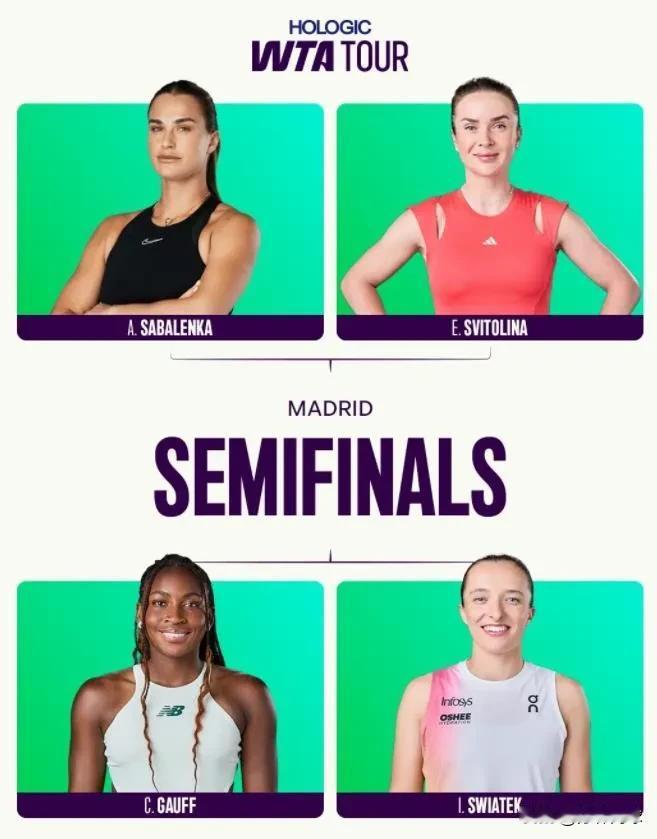 WTA1000马德里女单半决赛
22：00，高芙VS斯瓦泰克
03：30，萨巴伦