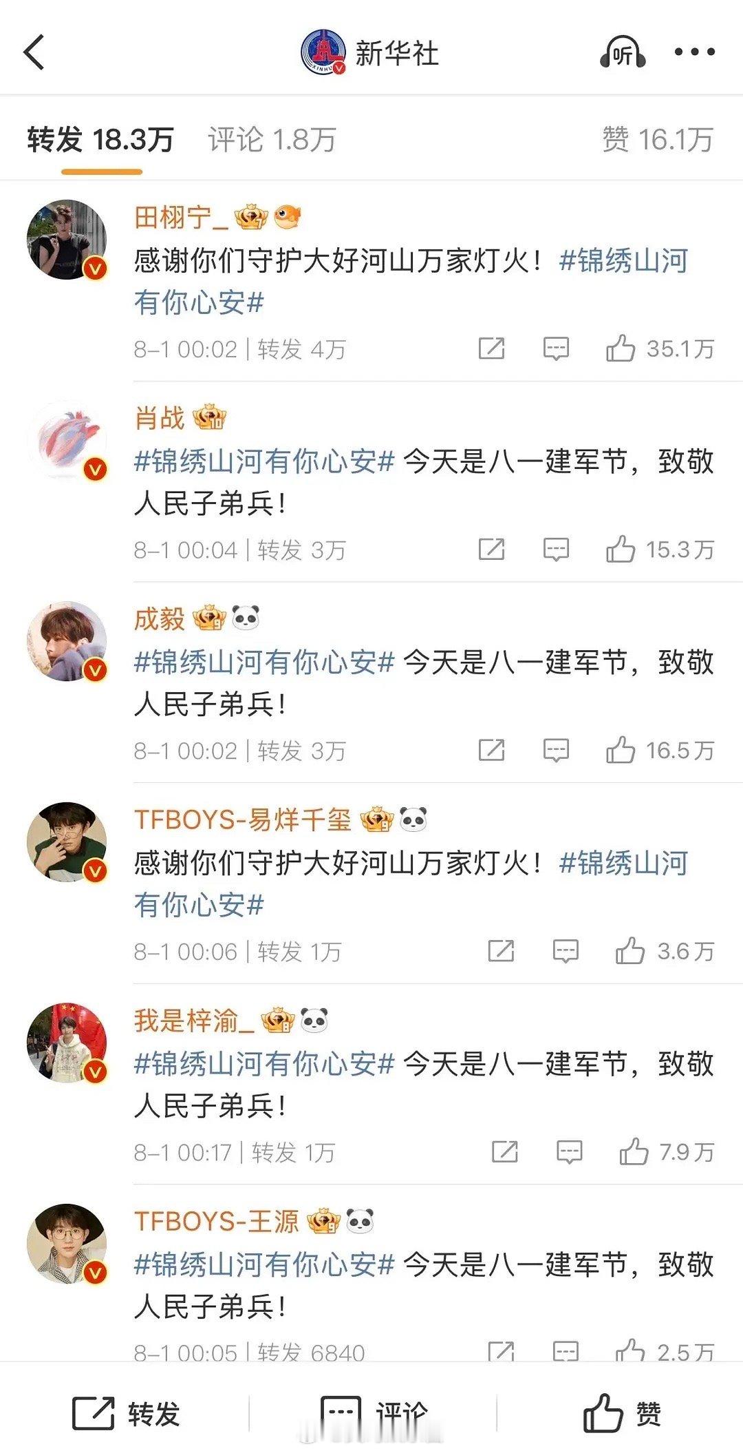 内娱是不是大洗牌了，转发前排是田栩宁 肖战 成毅 易烊千玺 梓渝 王源[傻眼] 