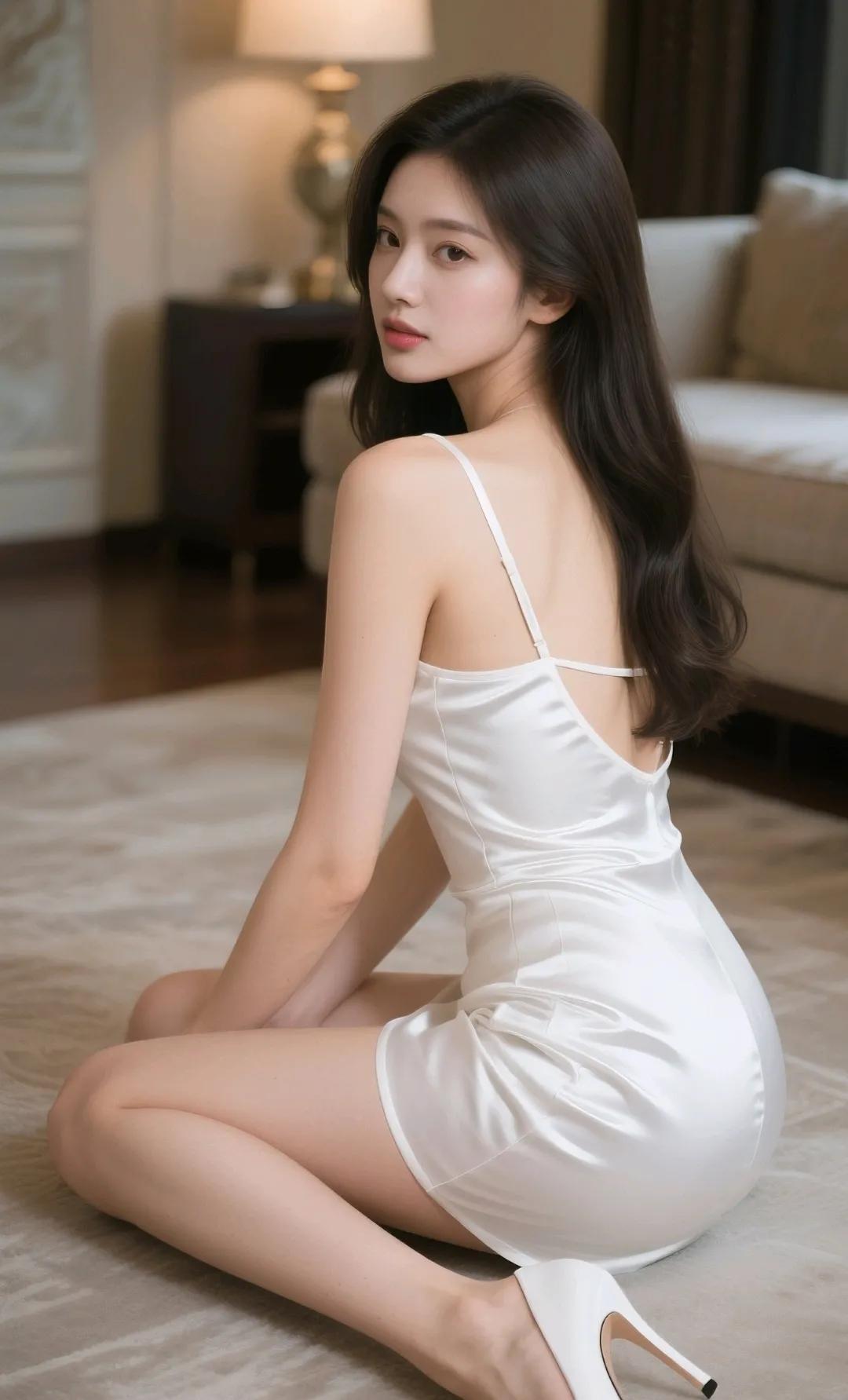 优雅白裙，坐卧之间尽显迷人魅力。
