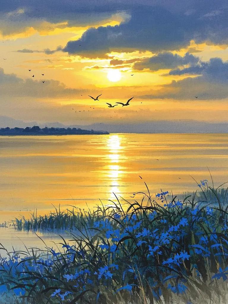  霞披洞庭暮，水天金影浮。岸芷汀兰处，归鸟入画图。诗词画面 夕阳西沉群鸟归