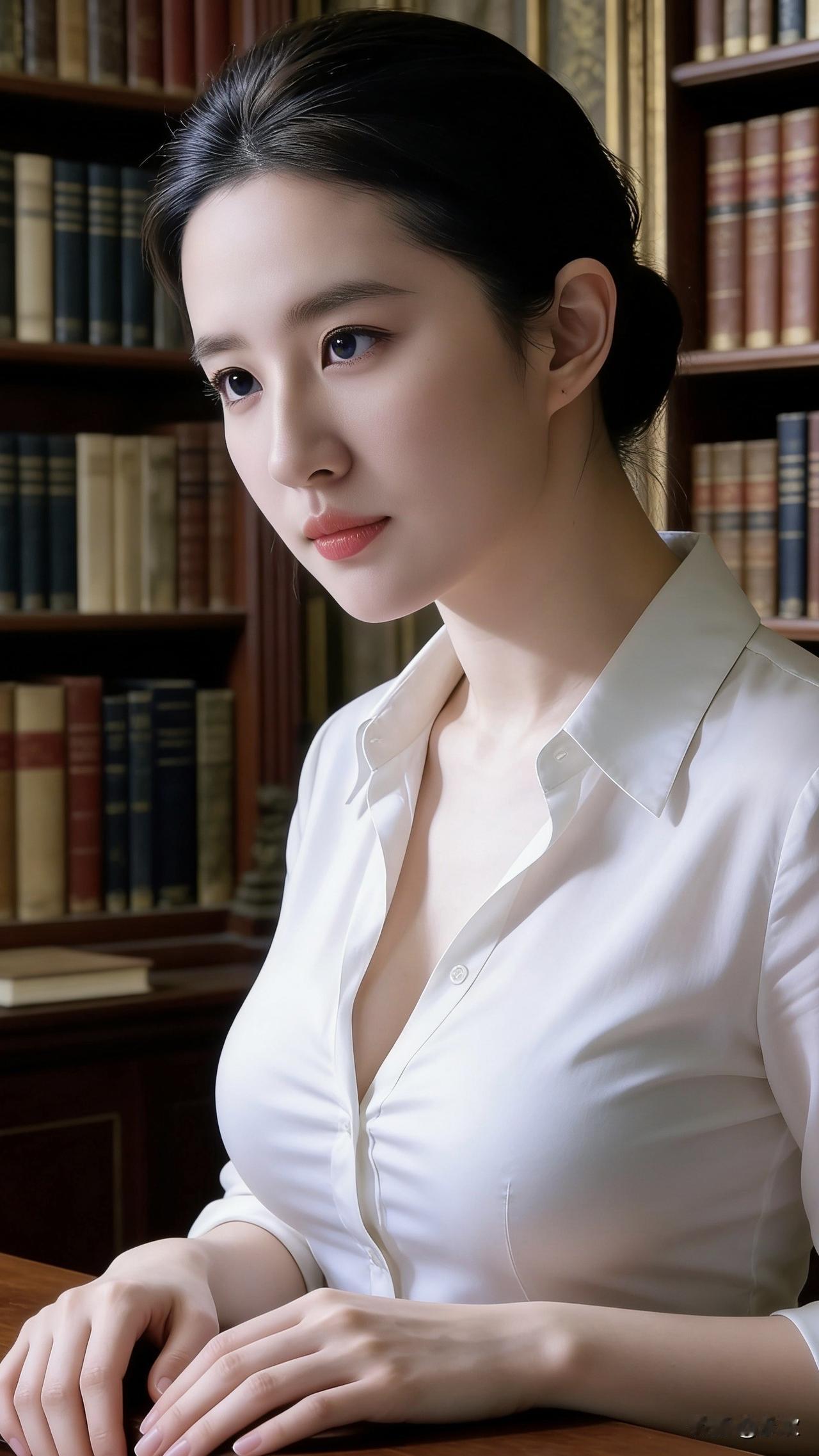 白衬衫的衣料在暖黄的灯光下泛着柔和的光泽，她静坐在老书房的木桌前，目光落在远处的