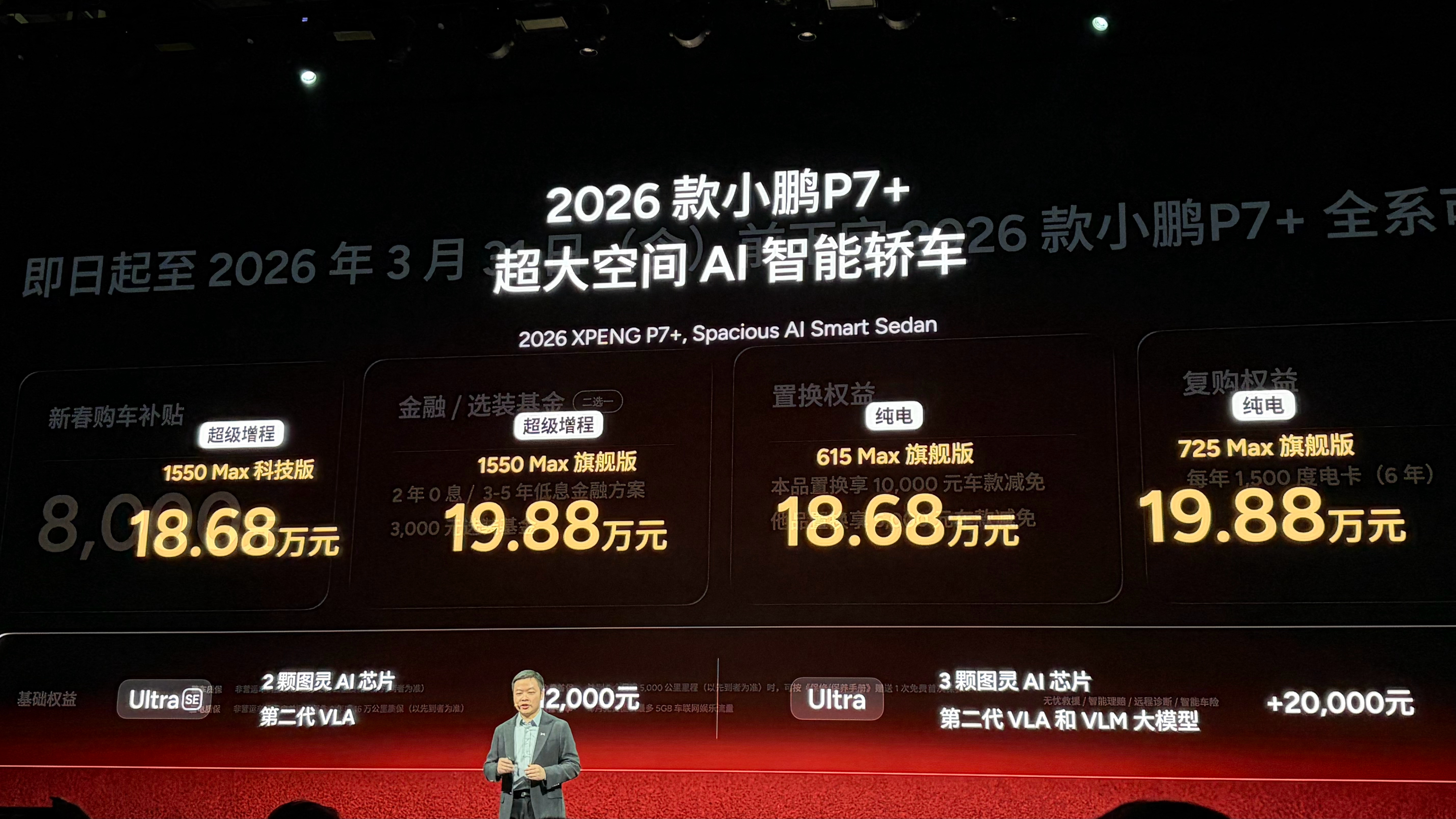 2026款小鹏P7+纯电版18.68万元起，超级增程版也是18.68万元起。 