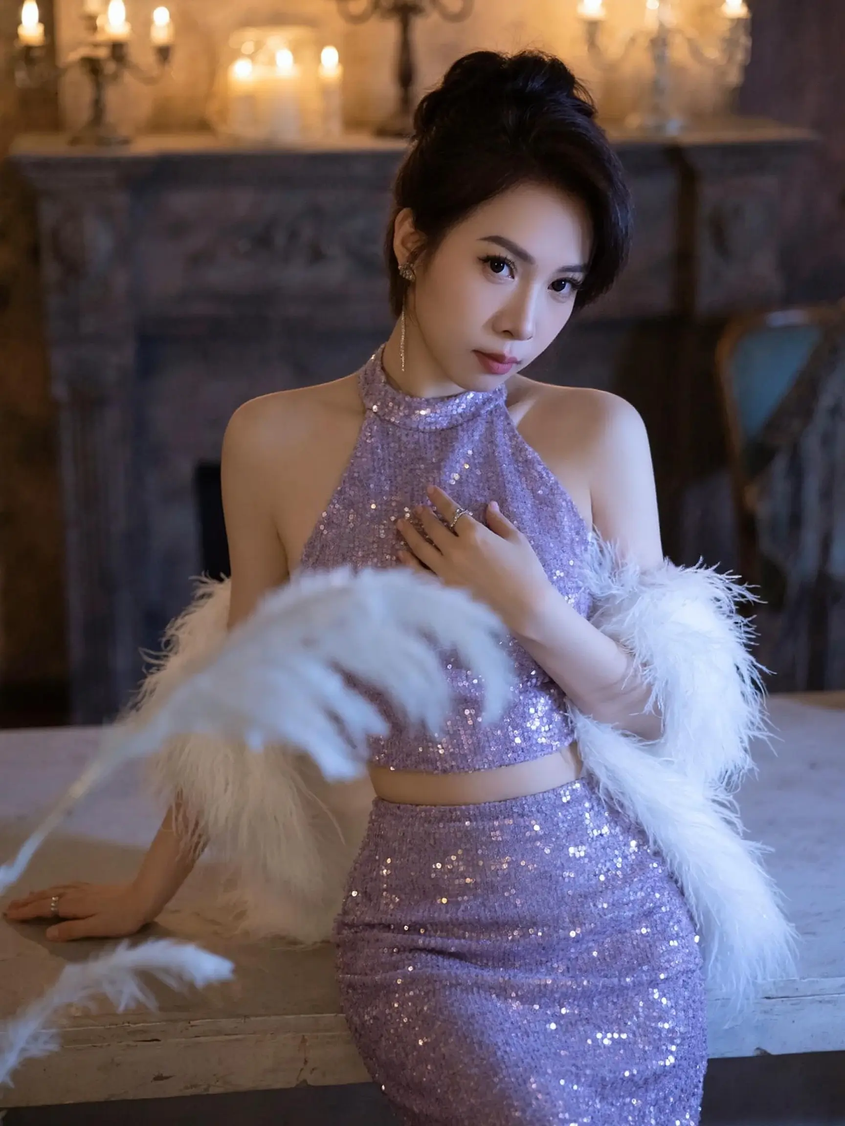 纯欲天花板 爆闪亮片晚礼服 纯欲风天花板 女神范名媛裙 紫色连衣裙