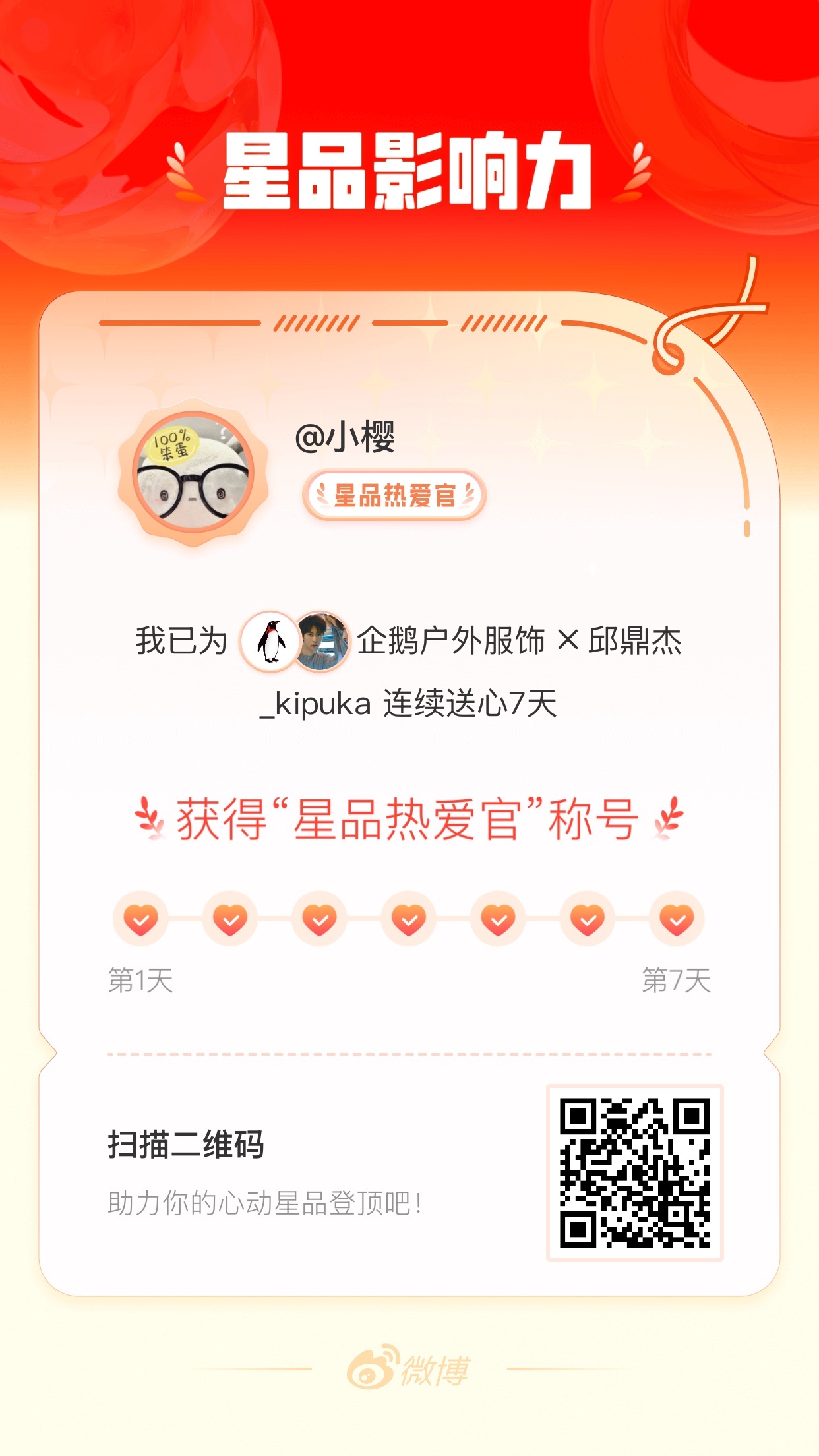 邱鼎杰[超话] 🍂我在星品影响力上为 X 连续送心7天，获得“星品热爱官”称号