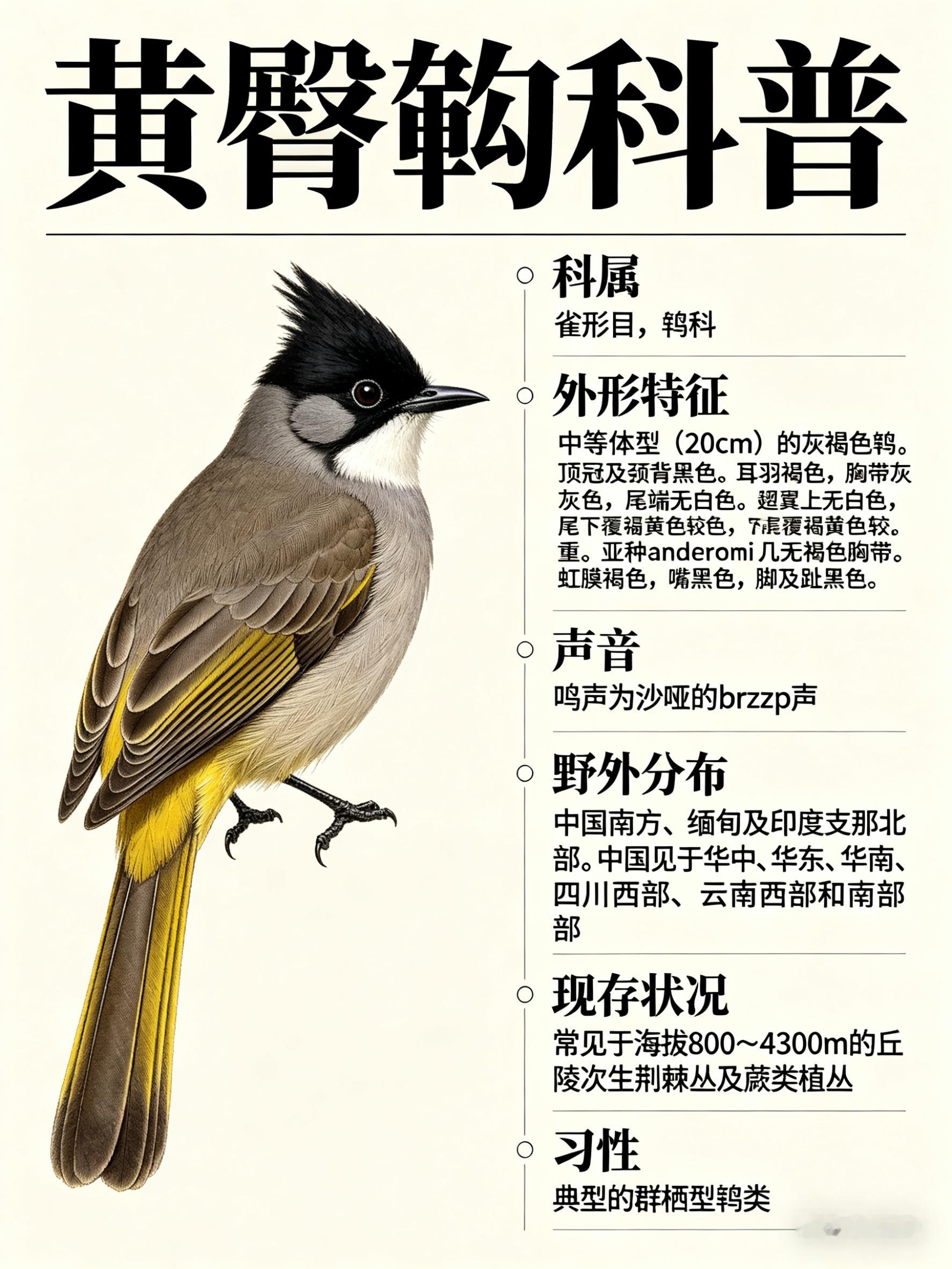 鸟类朋友图鉴 黄臀鹎·科属：雀形目，鹎科。·外形特征：中等体型（20cm）的灰褐