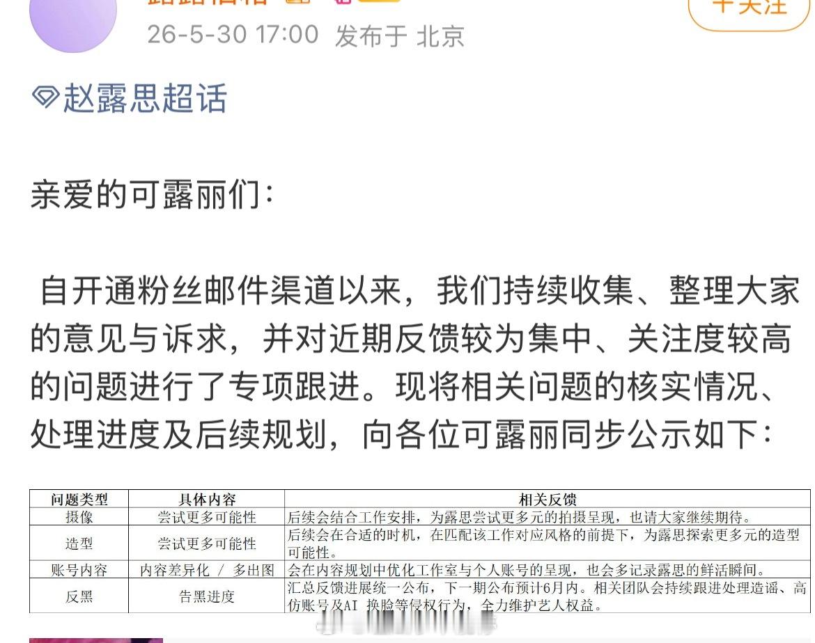 赵露思好注重和粉丝的沟通，工作室和对接还会专门发反馈进度来给粉丝安心