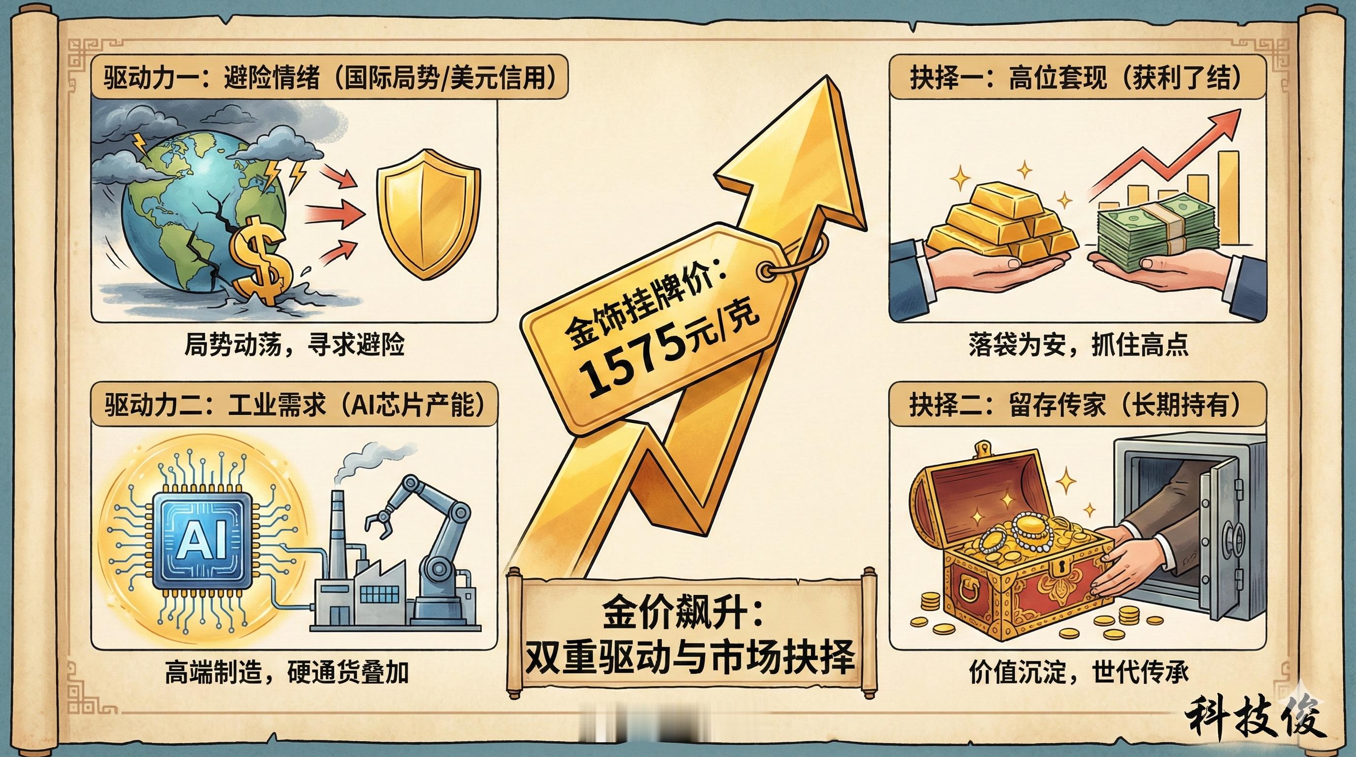 金价波动金饰挂牌价居然飙到了1575元/克，这涨幅看得我直迷糊，不过这波大涨主要