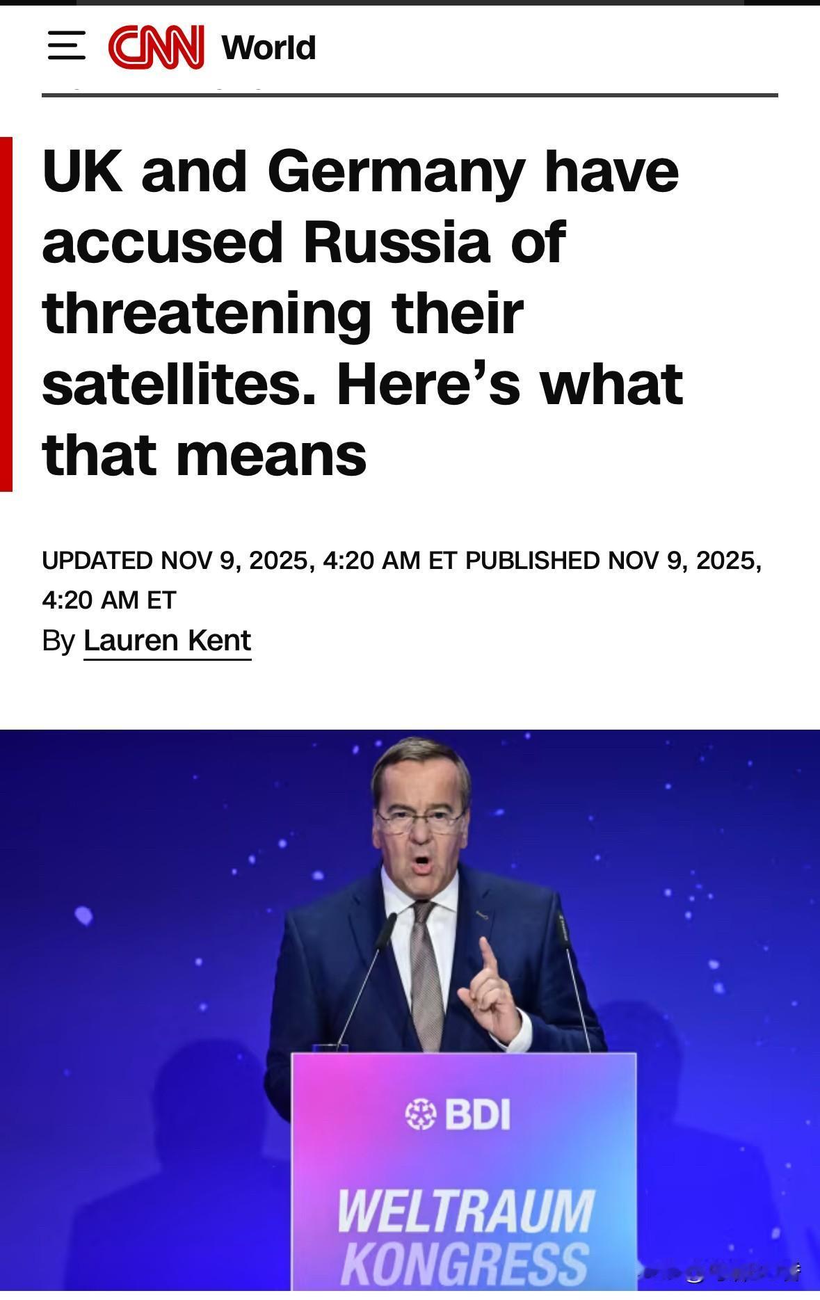 德国和英国等警告说，俄罗斯等太空卫星对其他地区卫星构成了的威胁越来越大，这些卫星
