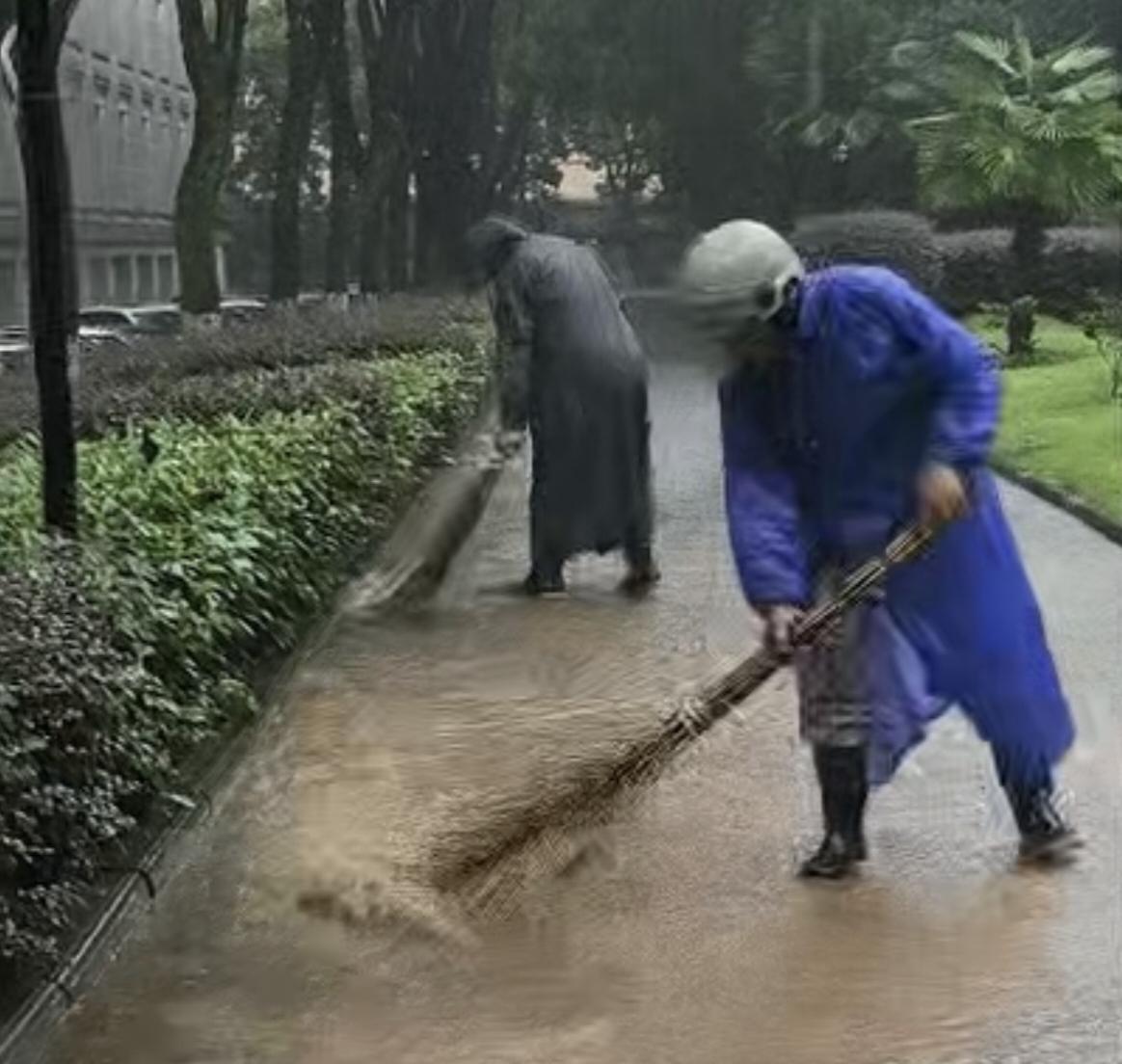 致敬环卫工、园林工
         突如其来的大雨带着泥沙和落叶杂草，堵塞了地