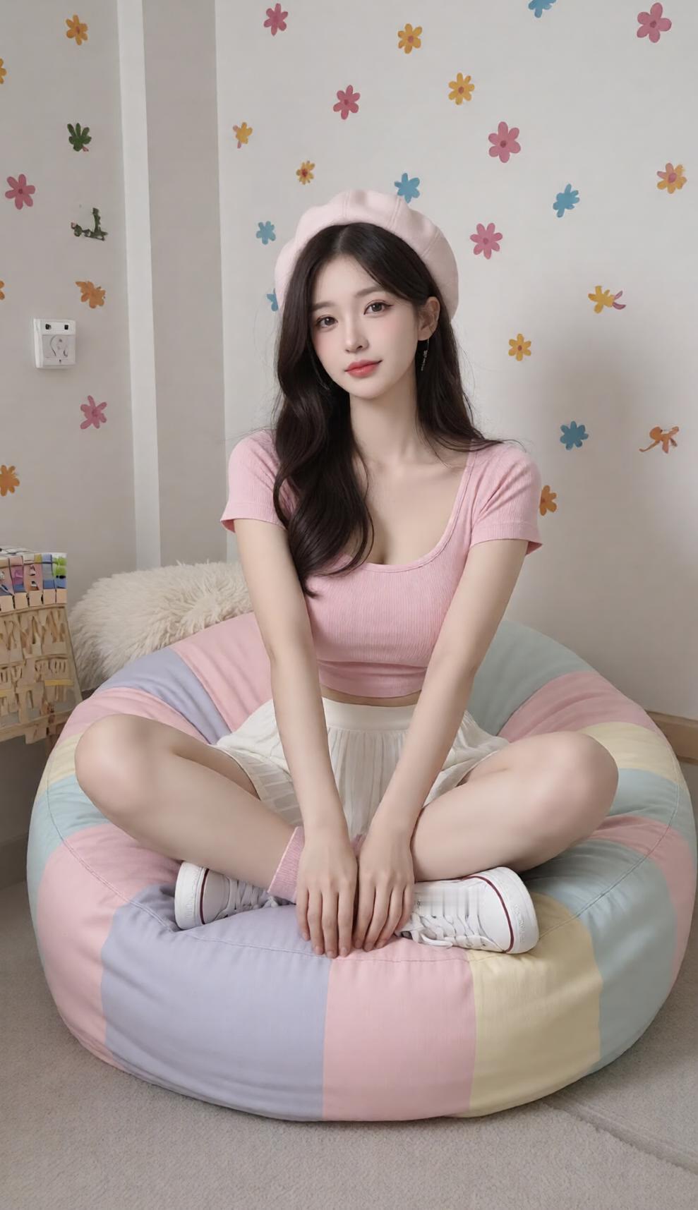 少女心满满，粉色穿搭与彩色豆袋椅的完美搭配，甜美又舒适！
