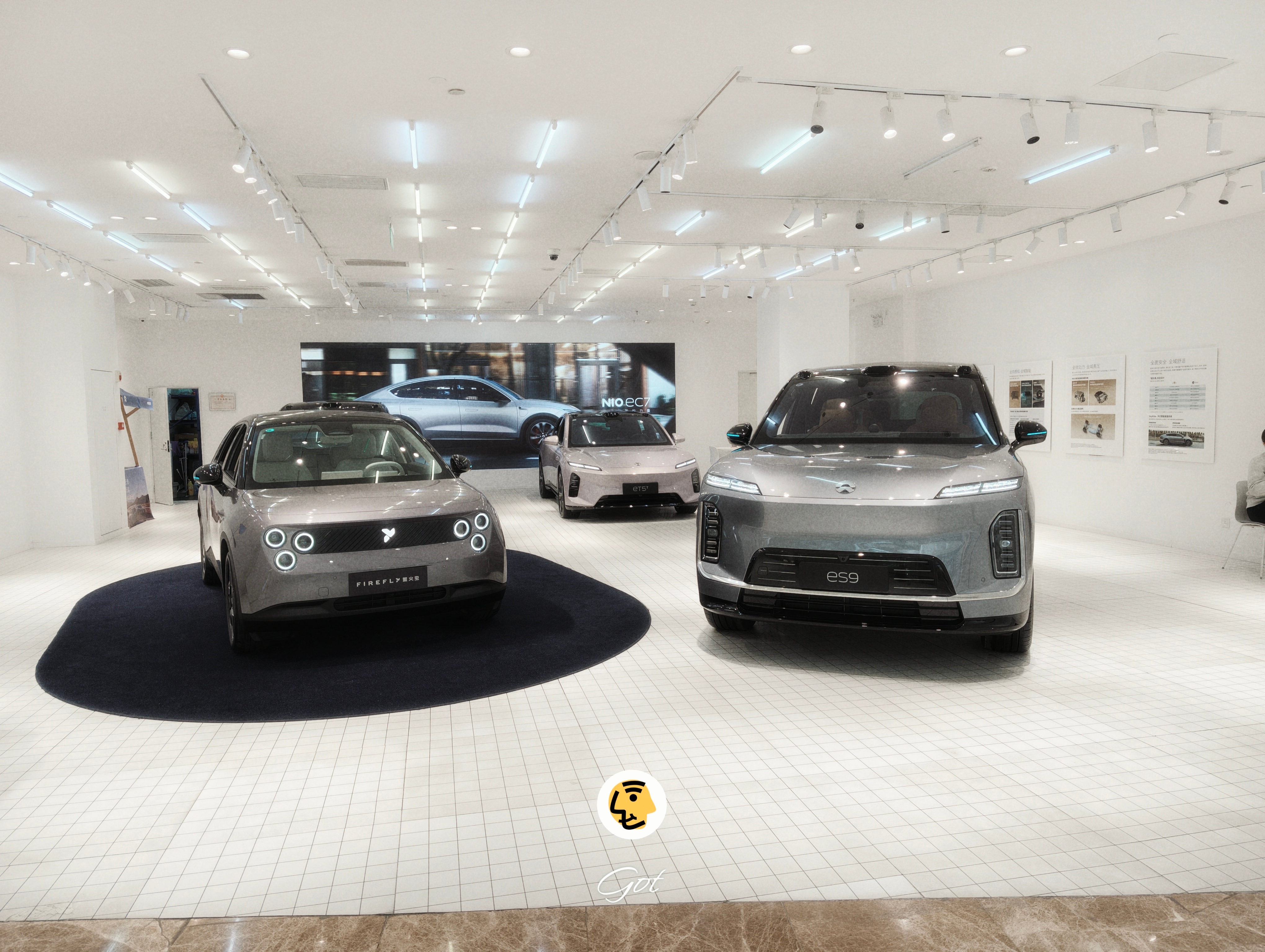 🤣🤣🤣萤火虫停在地毯上，ES9在旁边站着。这看起来像是霸霸带着宝宝，在地毯