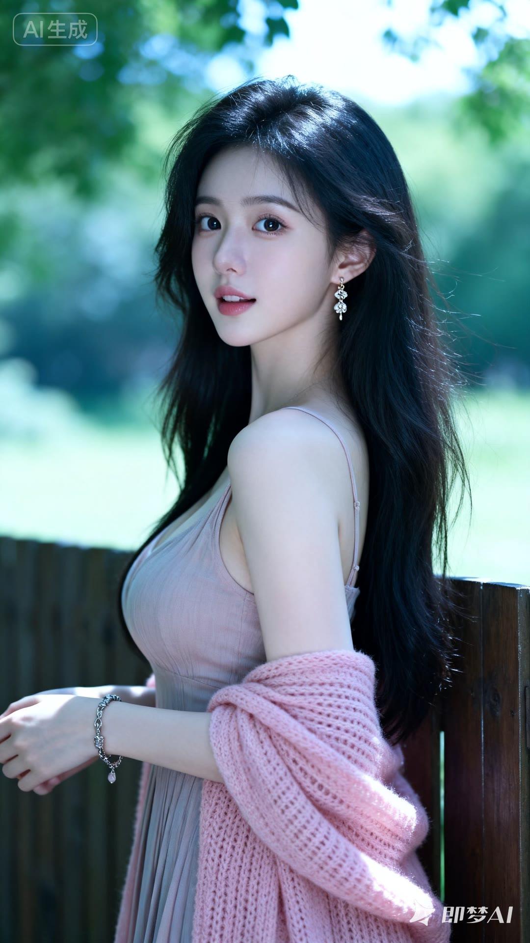 阳光下的甜美少女，粉色针织衫与连衣裙的完美搭配，尽显温柔与优雅。