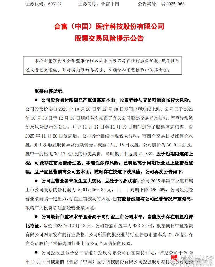 a股 $合富中国 sh603122$ 【合富中国：当前股价存在明显泡沫化特征 击