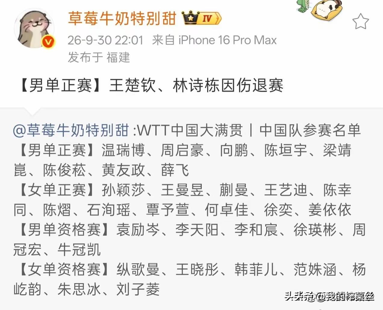 王楚钦退赛中国大满贯想到了，他亚运会那就好左胳膊肿的撑满了袖子，
但是林诗栋退赛