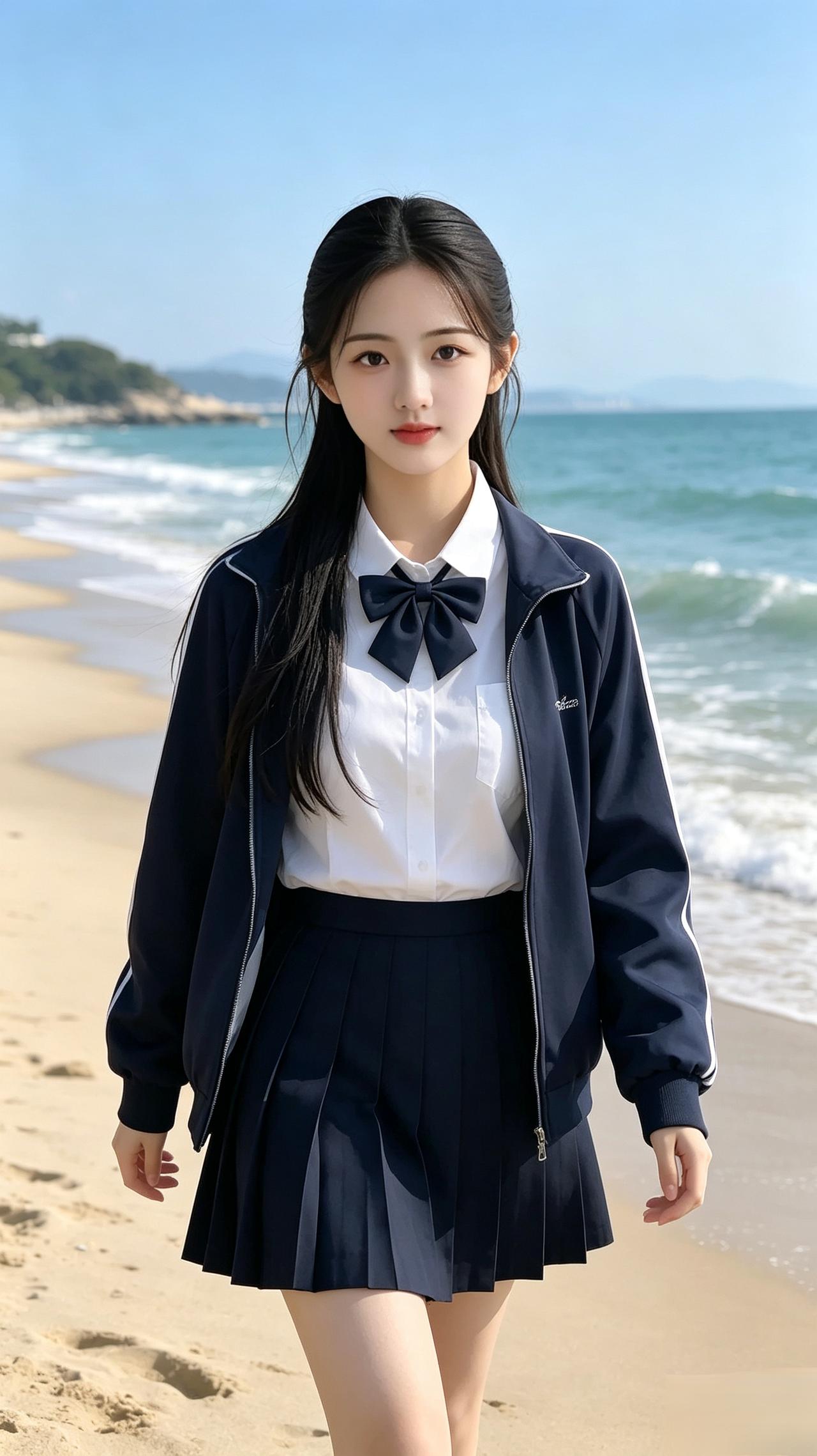 海边的青春少女，校服风穿搭，清新自然纯真少女风穿搭