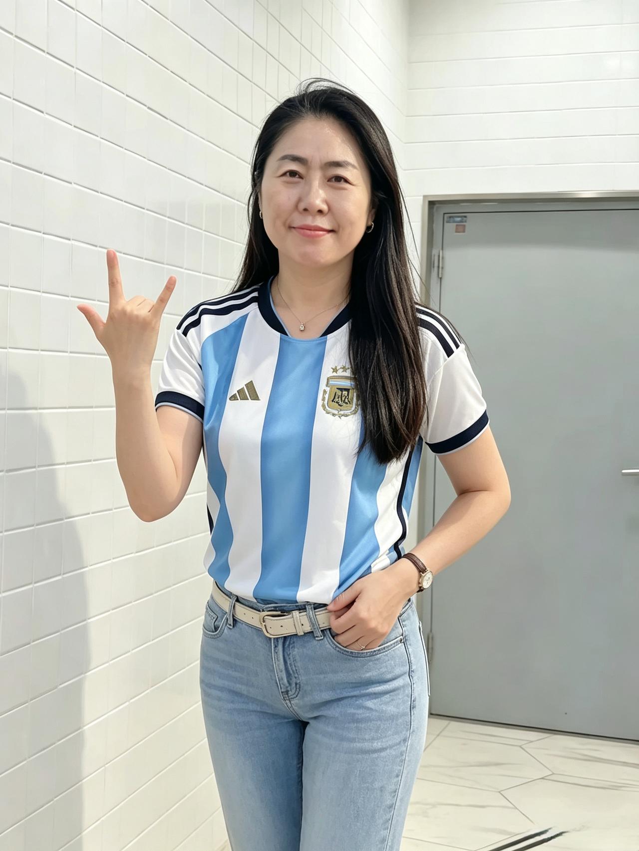 衫染蓝白少年风，牛仔随身态自雄。
一笑嫣然神采溢，襟怀坦荡意从容。