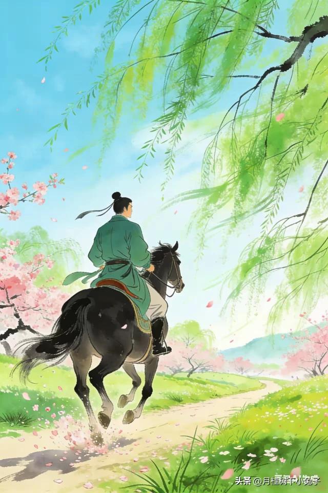 纵马长堤草色微
东风拂柳绿烟飞
蹄声踏碎桃花影
蝴蝶纷纷随香追