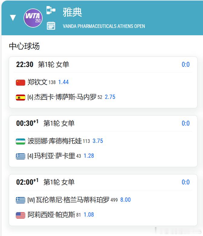 WTA雅西正赛第一天比赛重磅焦点战：郑钦文 vs 马内罗    22:30郑钦文