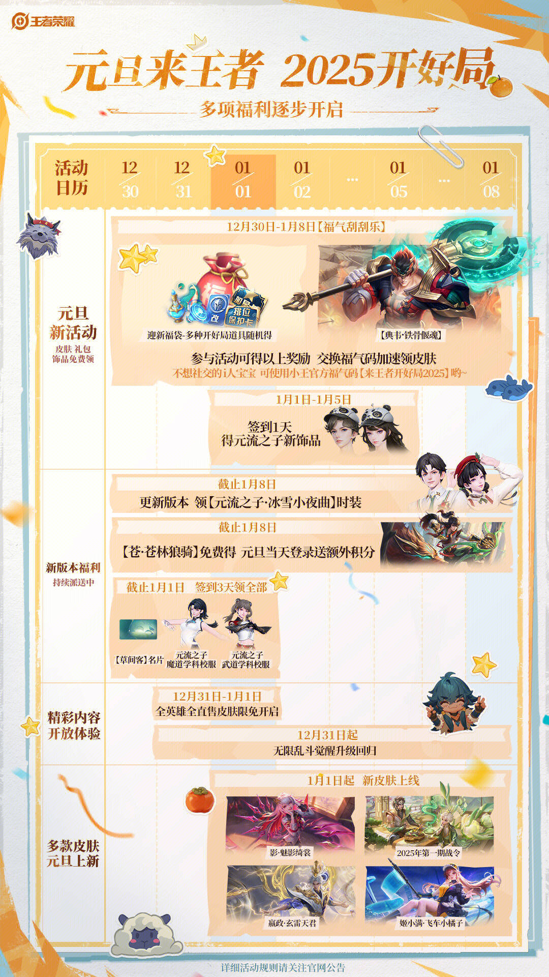 王者元旦福利一览，皮肤雨即将来临[doge]典韦皮肤免费得活动开启，需要获取福气