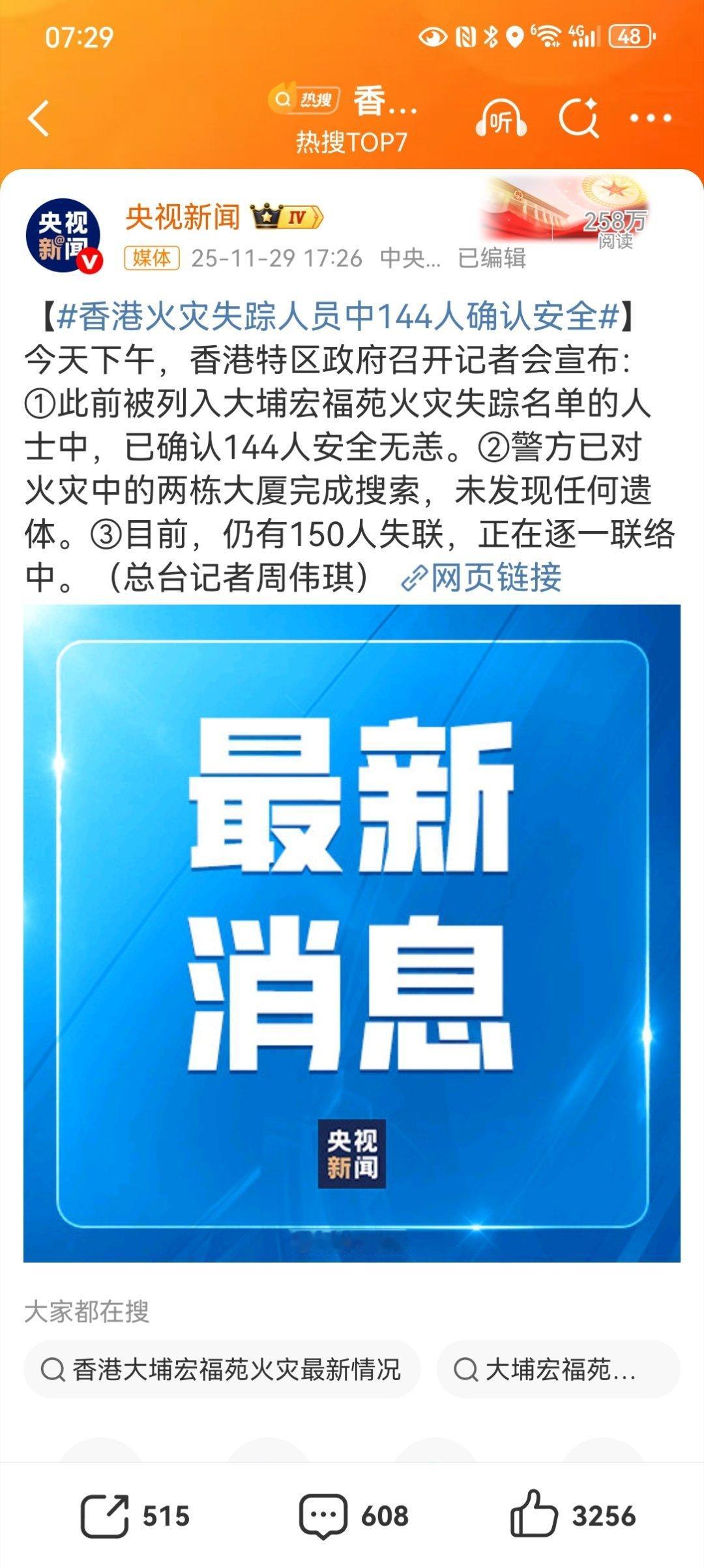 香港火灾仍有150人失联2025年11月29日，香港大埔宏福苑火灾已造成128人