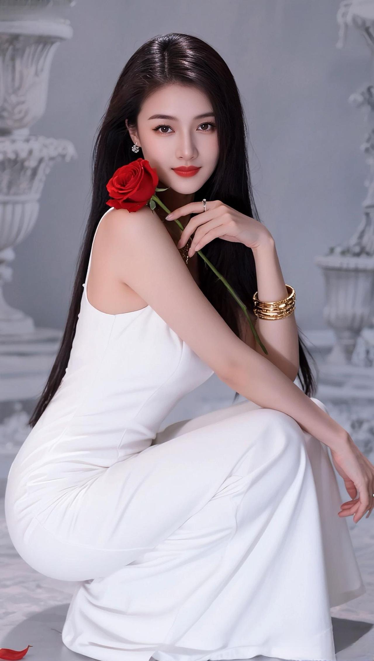 红豆  白裙女神 红玫瑰 氛围感拍照 优雅气质
