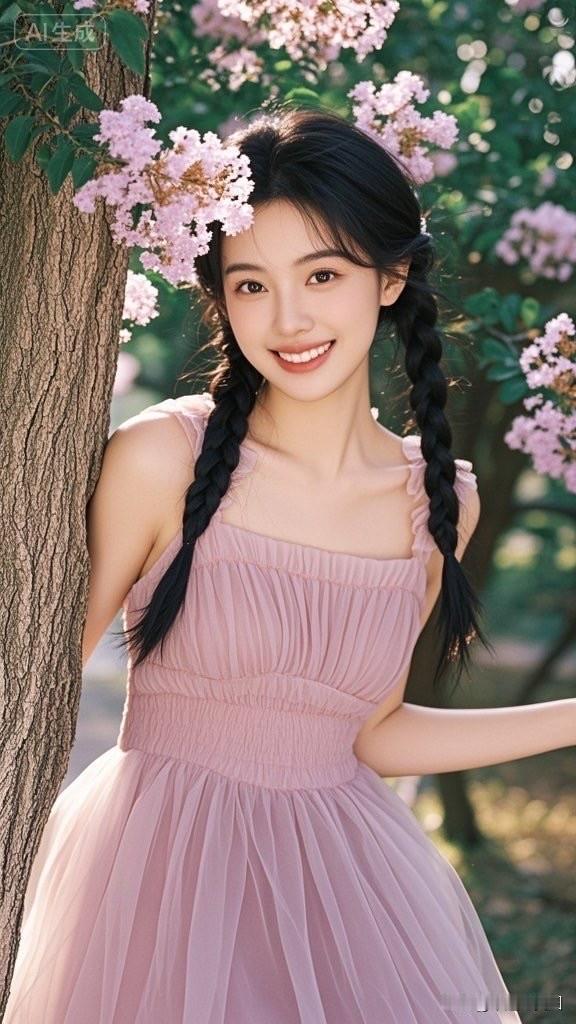 春日花海中的甜美少女，笑靥如花，梦幻唯美。🌸💖