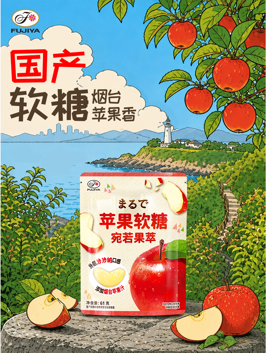 不二加点料 清甜的红苹果风味源自烟台宛若果萃苹果软糖产于杭州不二家把自然馈赠的清
