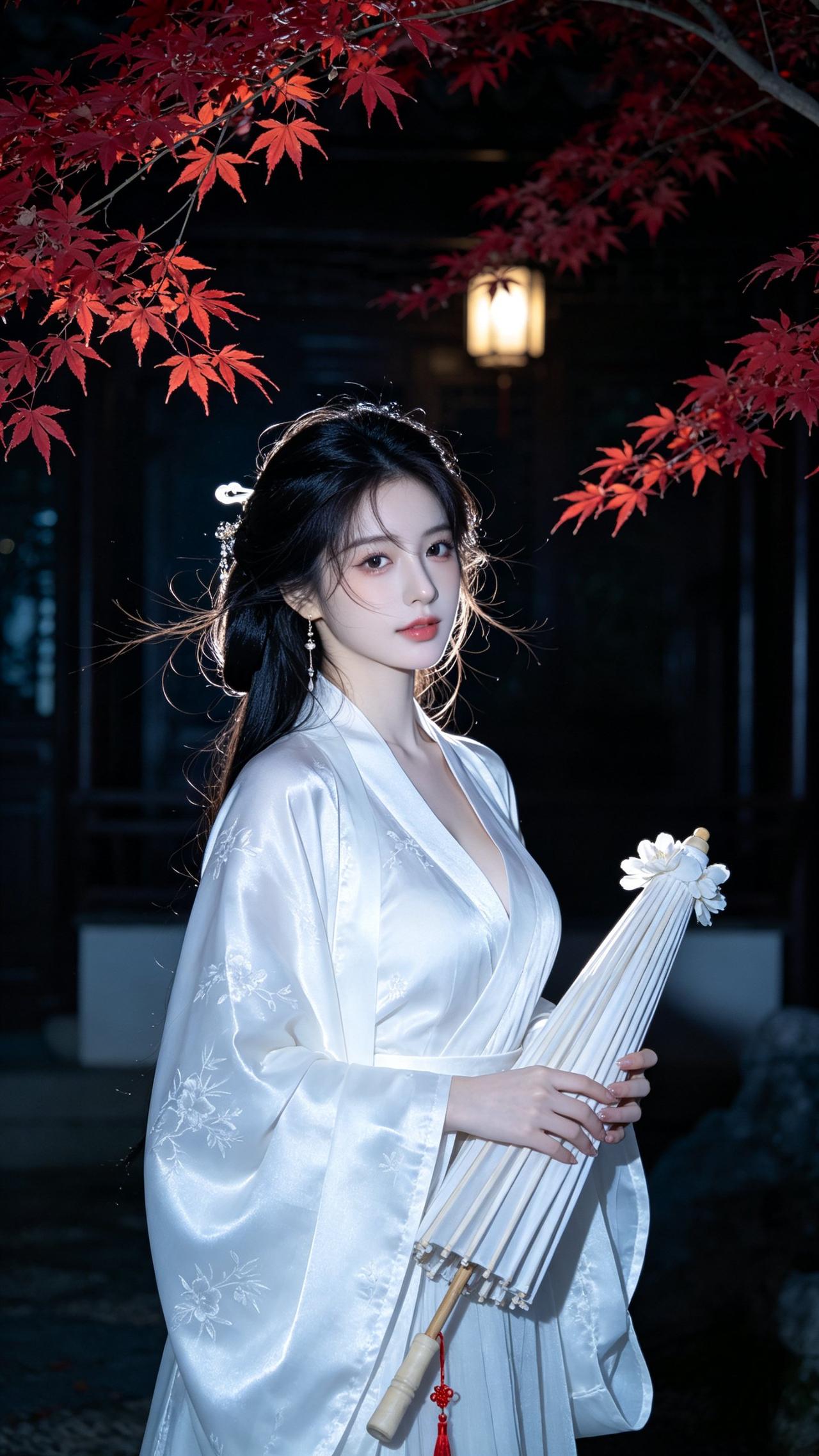 红叶映秋月，美人倚古灯。红叶美人写真 秋枫美人 秋晚登楼望月 红叶少女照