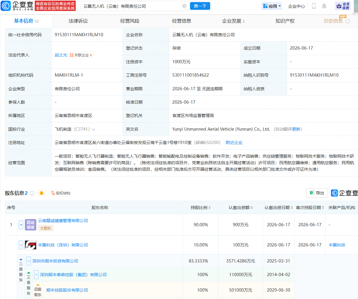 顺丰控股等在云南成立无人机公司