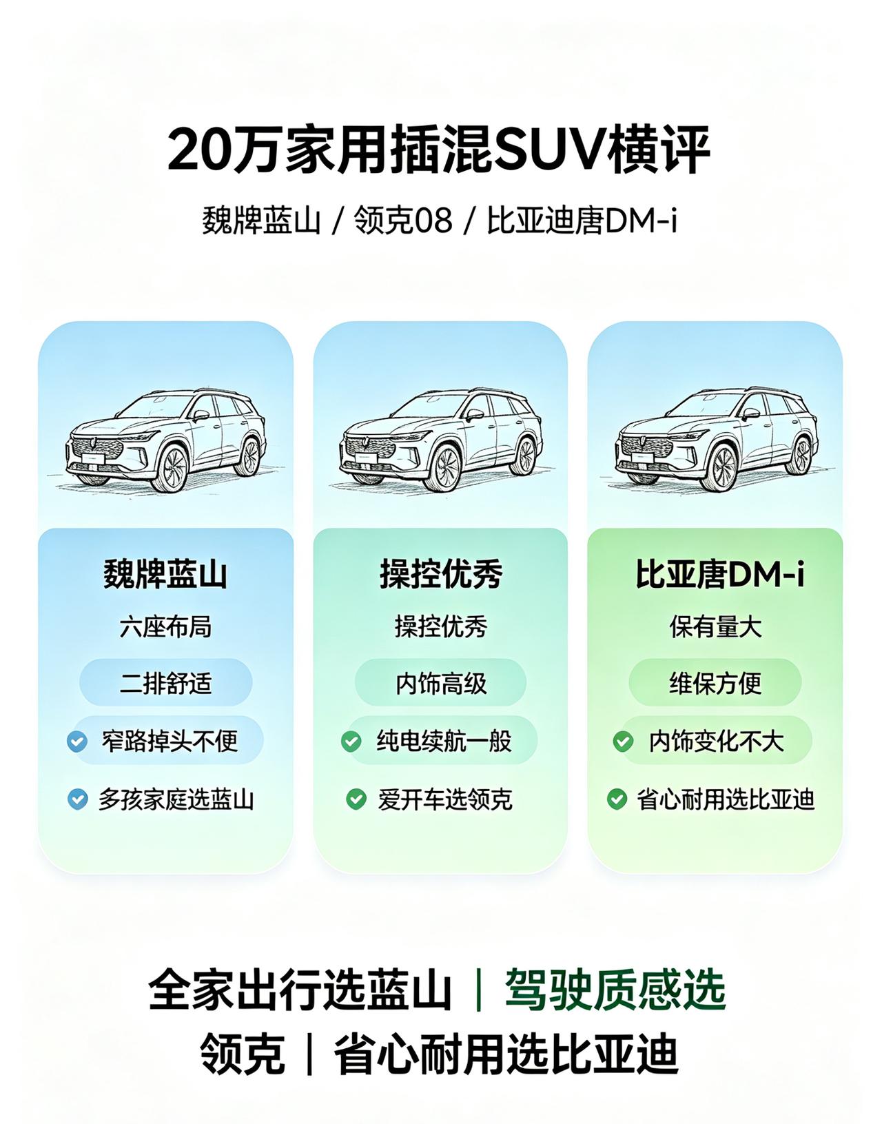 20万无固定充电桩家用插混SUV，魏牌蓝山、领克08、比亚迪唐DM-i。蓝山六座