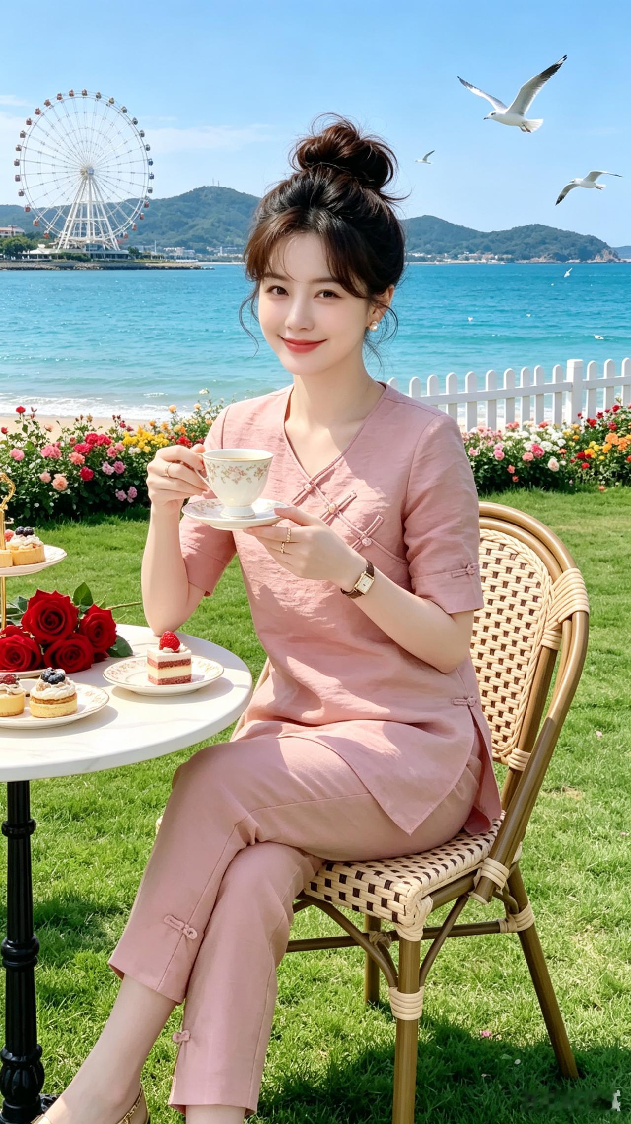 观图邀评
粉衫轻舞海风柔，
藤椅茶香漫绿洲。
碧海扬波鸥影过，
青山向日转轮悠。