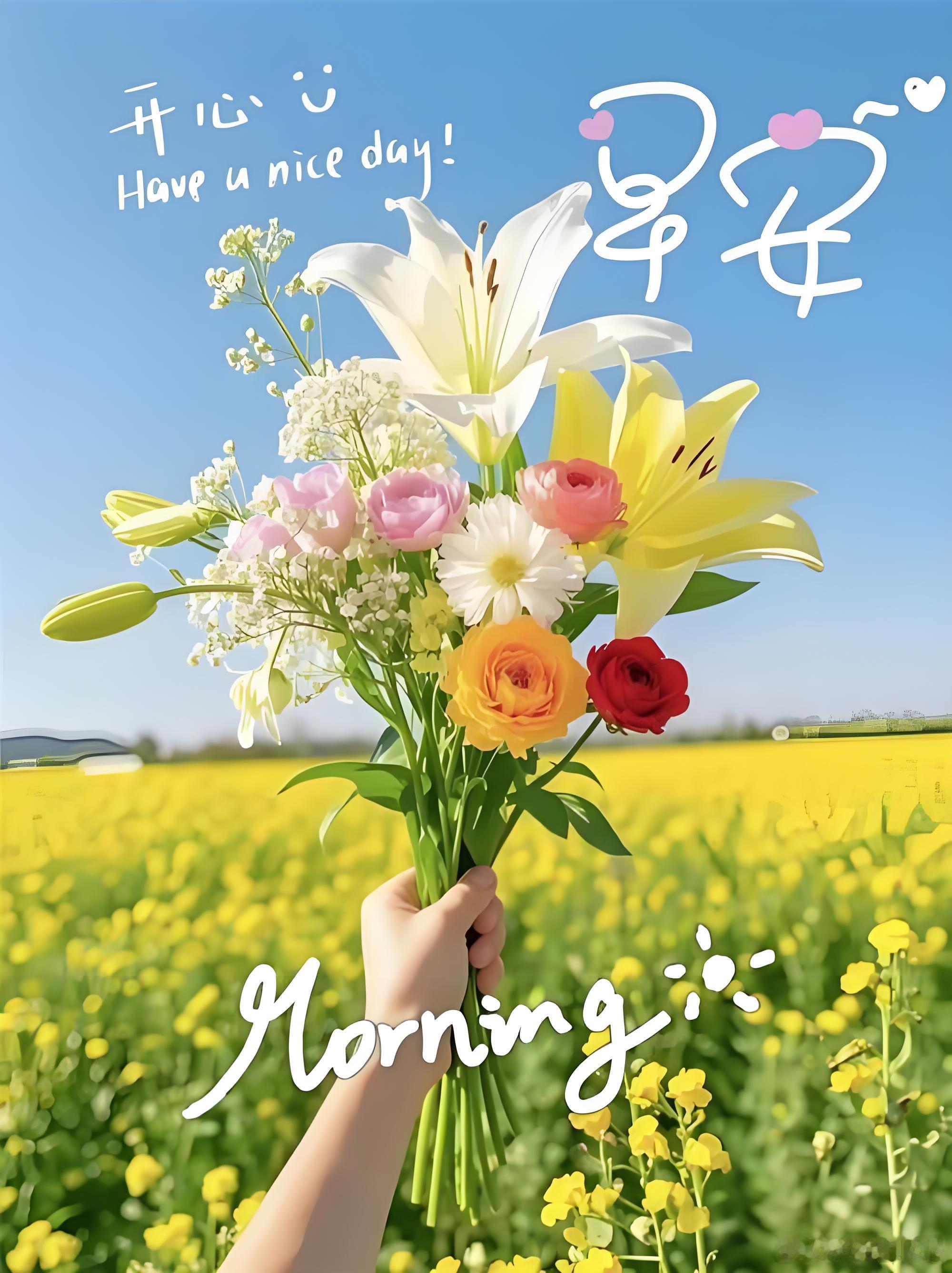 早安太阳当空照，花儿对我笑，我来问声好，愿你没烦恼。早上好！ 