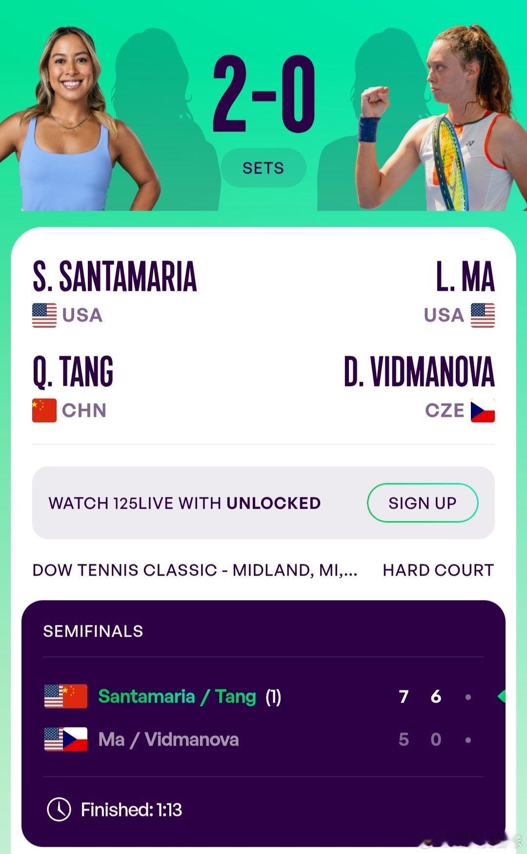 WTA125米德兰站🇺🇸女双半决赛汤千慧🇨🇳/圣玛丽亚🇺🇸7-5/6