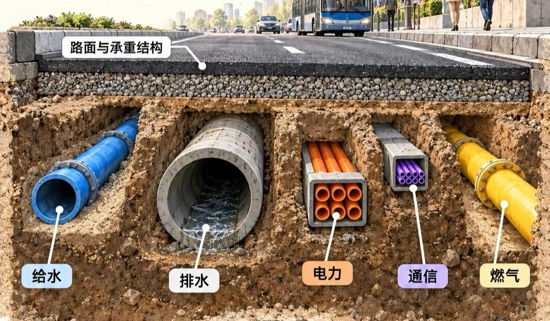 马路底下有水管、电缆等。原来马路底下有这么多重要的东西。还有别的东西吗？