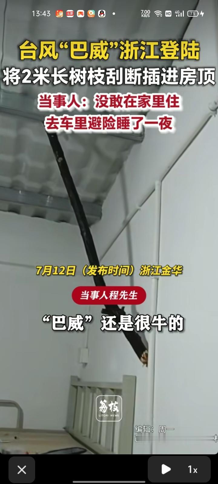 7月12日，浙江金华。网友晒视频称，台风“巴威”登陆浙江，将房子后面两米长的树枝