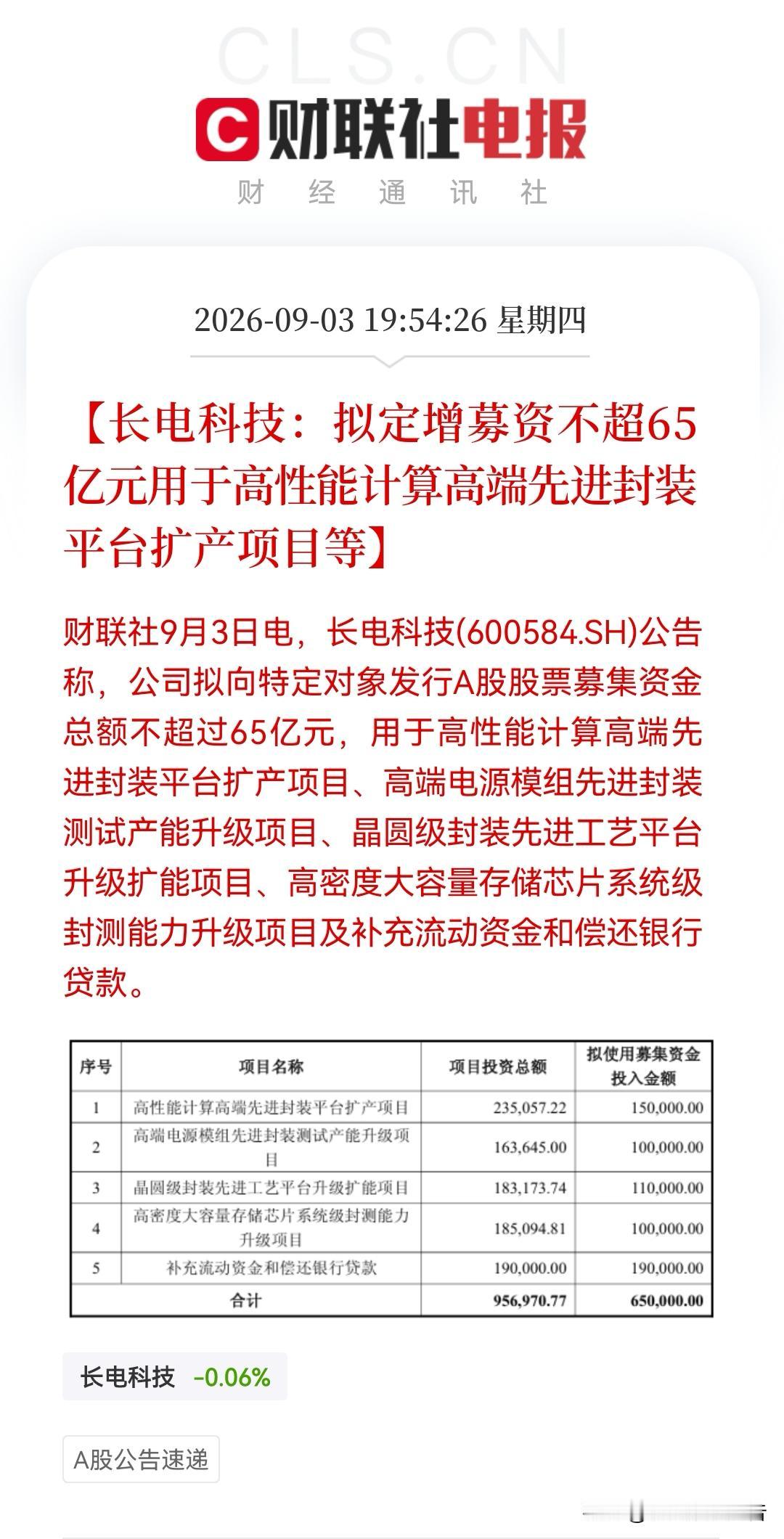 长电科技拟定增不超过65亿！又定增了，又伸手向市场要钱了，真的是不知是利好还是利