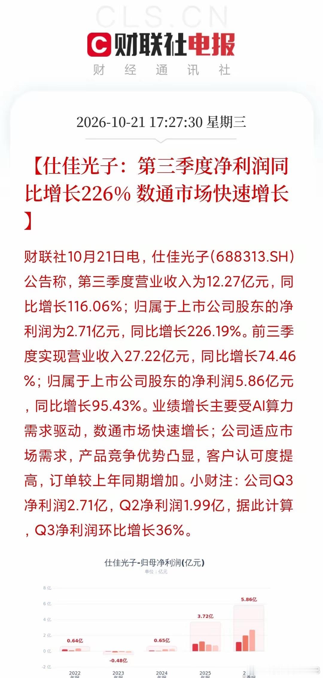 烈火烹油！仕佳光子这份三季报，单季狂赚2.71亿，同比暴增226%，环比猛增36