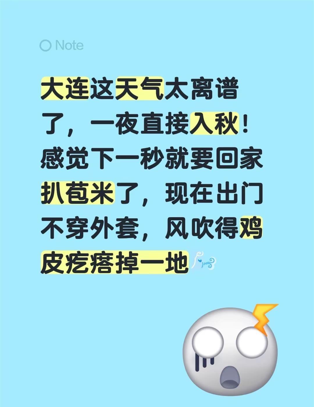 大连这天气太离谱了，一夜直接入秋！感觉下一秒就要回家扒苞米了，现在出门不穿外套，