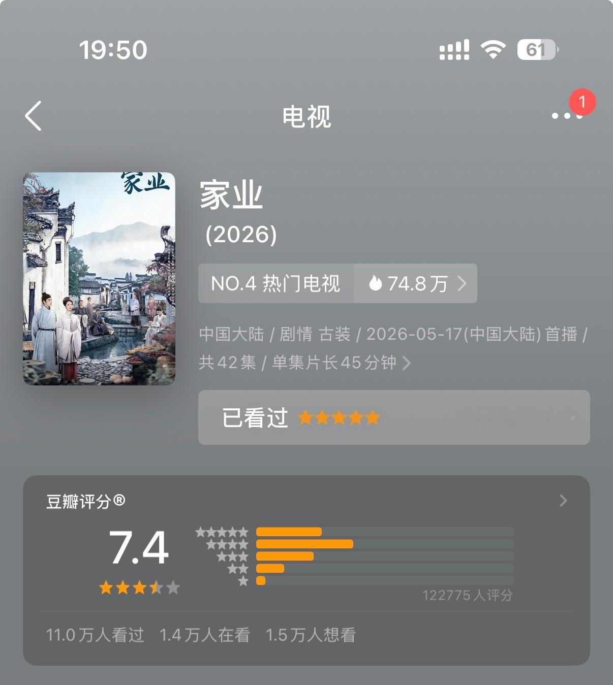 家业豆瓣开分7.4，完全值得8分以上的好剧，大家都多多拉人打分！