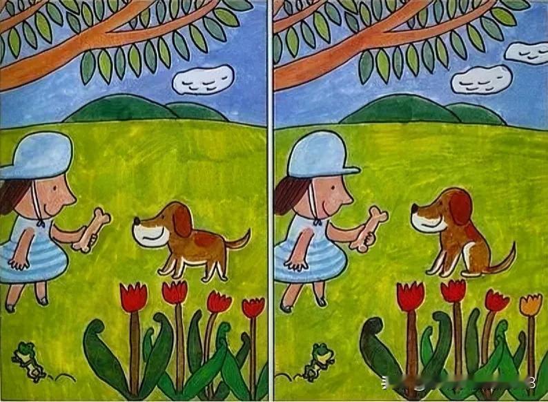 花前月下，小犬嬉戏
考眼力5处不同能快速找到吗[灵光一闪]